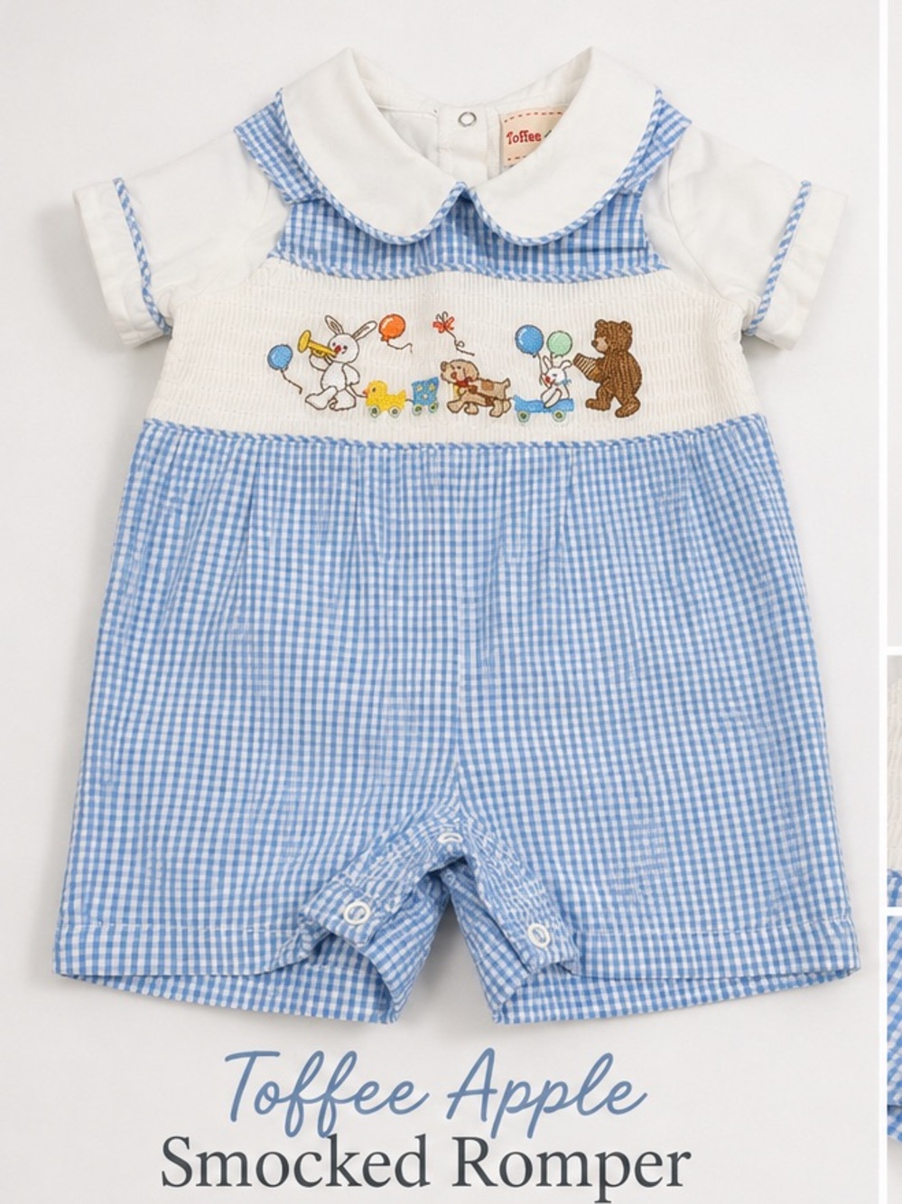 Toffee Apple Baby Boy Blue Gingham Smocked Romper 9M Bunny Bear Embroidered